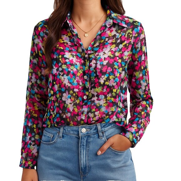 Violet & Claire Sheer Floral Blouse Button Front Collared Long Sleeve M Bright - Picture 2 of 15